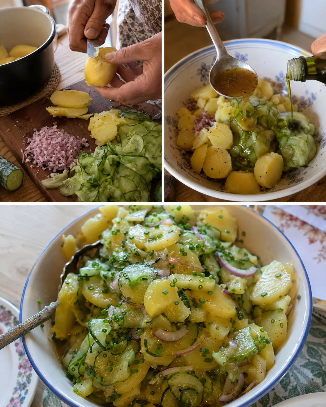 Gurken-Erdäpfel-Salat mit Kernöl-Dressing in einer Servierschüssel