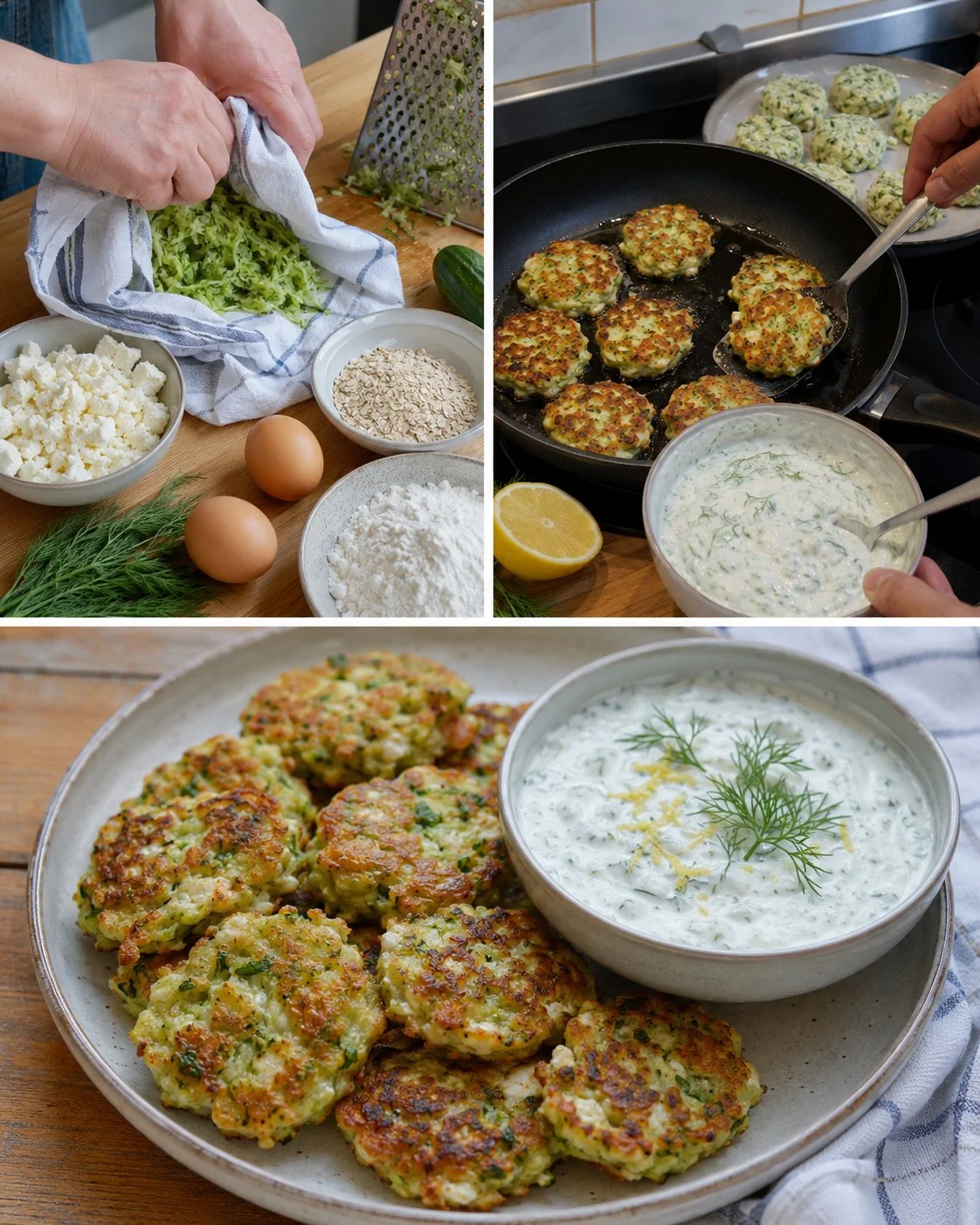 Gurken-Feta-Laibchen mit Zitronen-Dill-Dip auf einem Teller serviert.