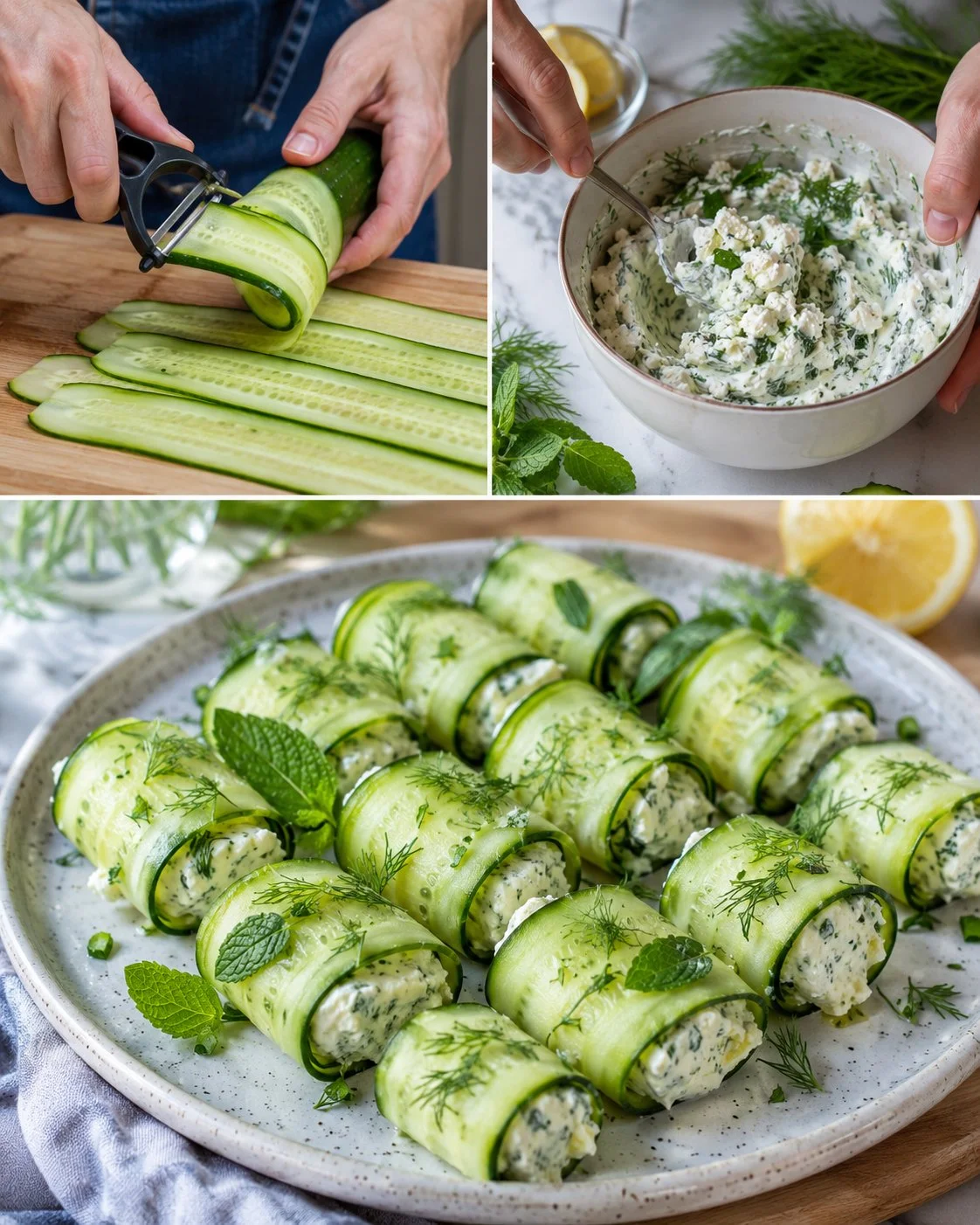Gurken-Feta-Röllchen mit frischer Kräutercreme auf einem Teller angerichtet