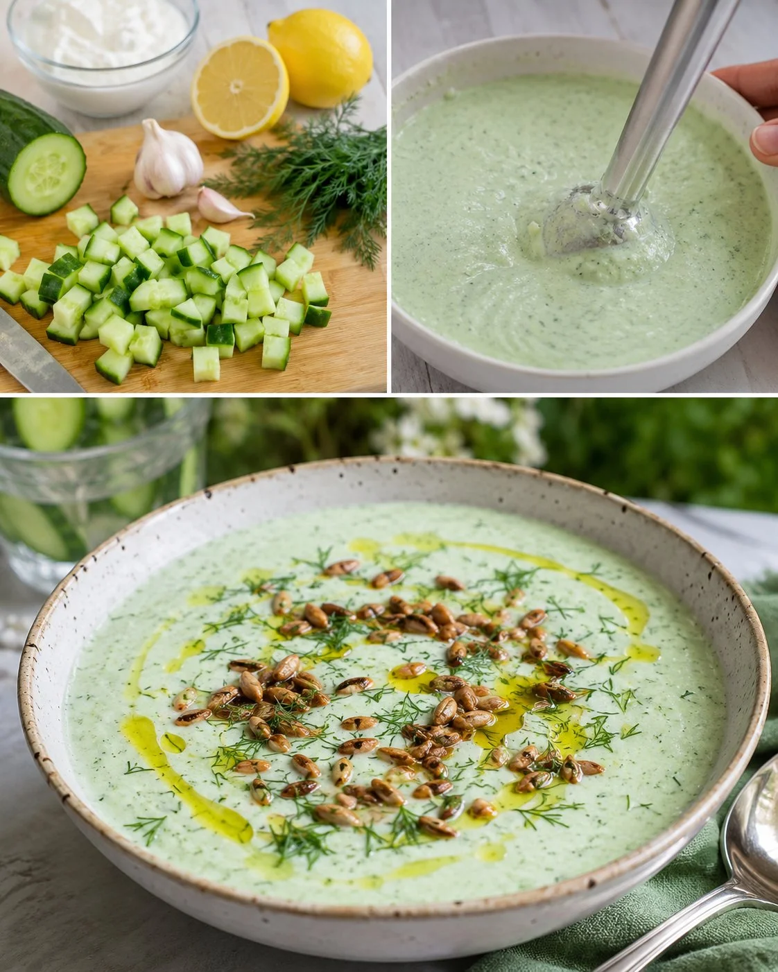 Erfrischende Gurken-Joghurt-Kaltschale mit knusprigem Topping in einer Schüssel