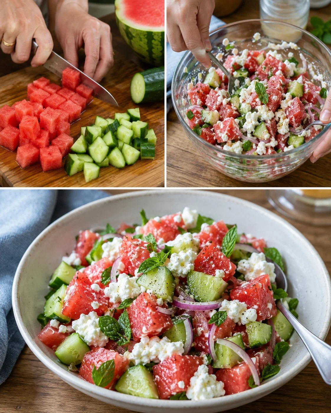 Gurken-Melonen-Salat mit körnigem Frischkäse auf einem schön dekorierten Teller