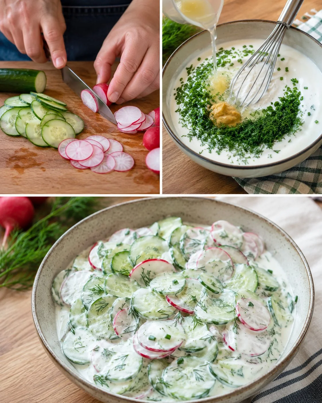 Gurken-Radieschen-Salat mit Buttermilch-Dressing auf einem Teller