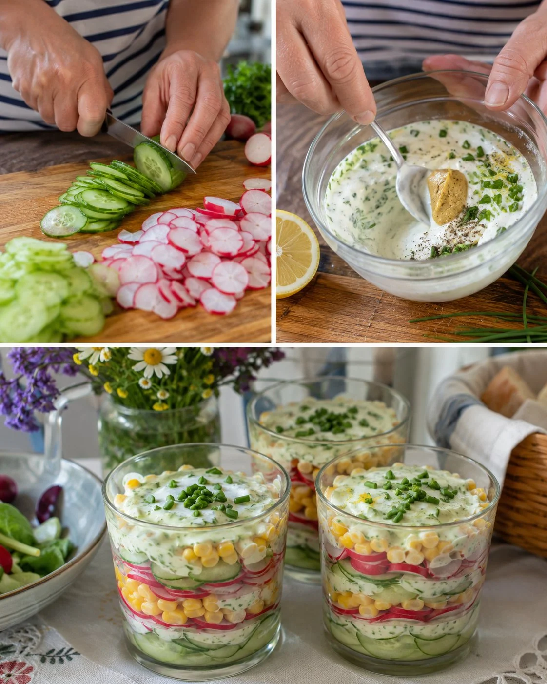 Leckerer Gurken-Radieschen-Schichtsalat im Glas, bunt und gesund serviert