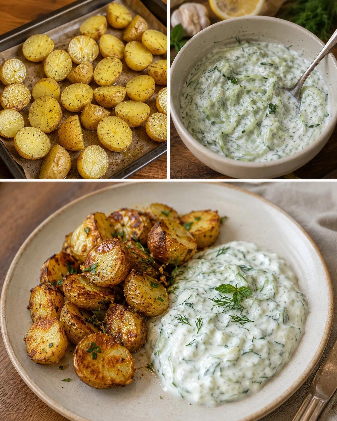 Gurken-Raita mit knusprigen Ofenkartoffeln auf einem Teller angerichtet