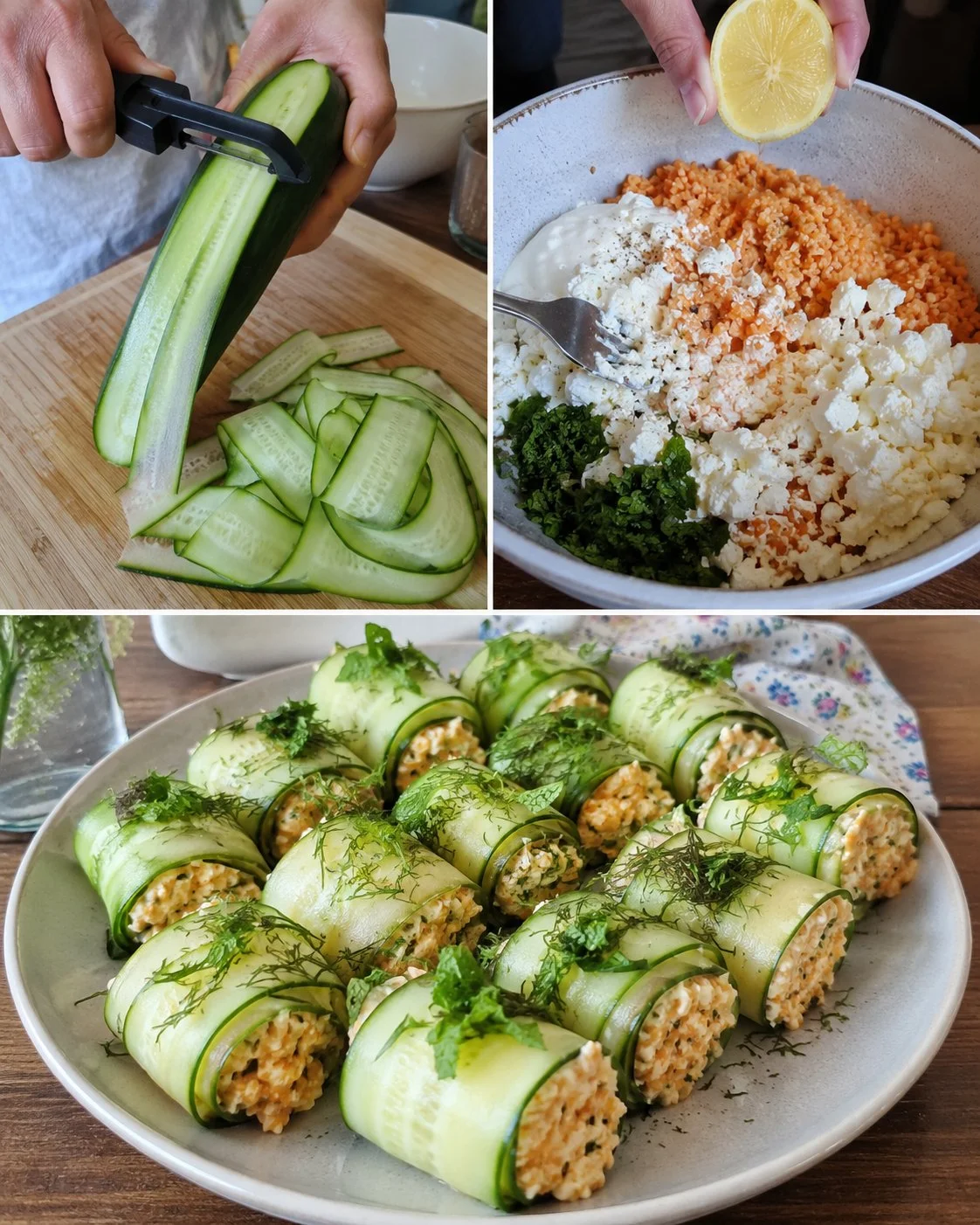 Gurken-Röllchen mit Linsen-Feta-Creme auf einem Teller
