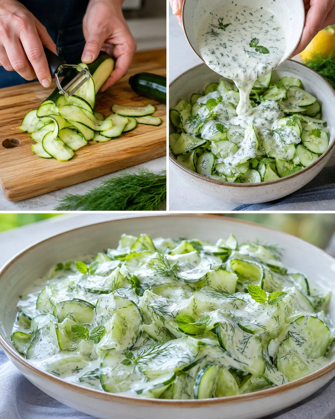 Gurken-Zucchini-Salat mit Knoblauchjoghurt, frisch und lecker serviert
