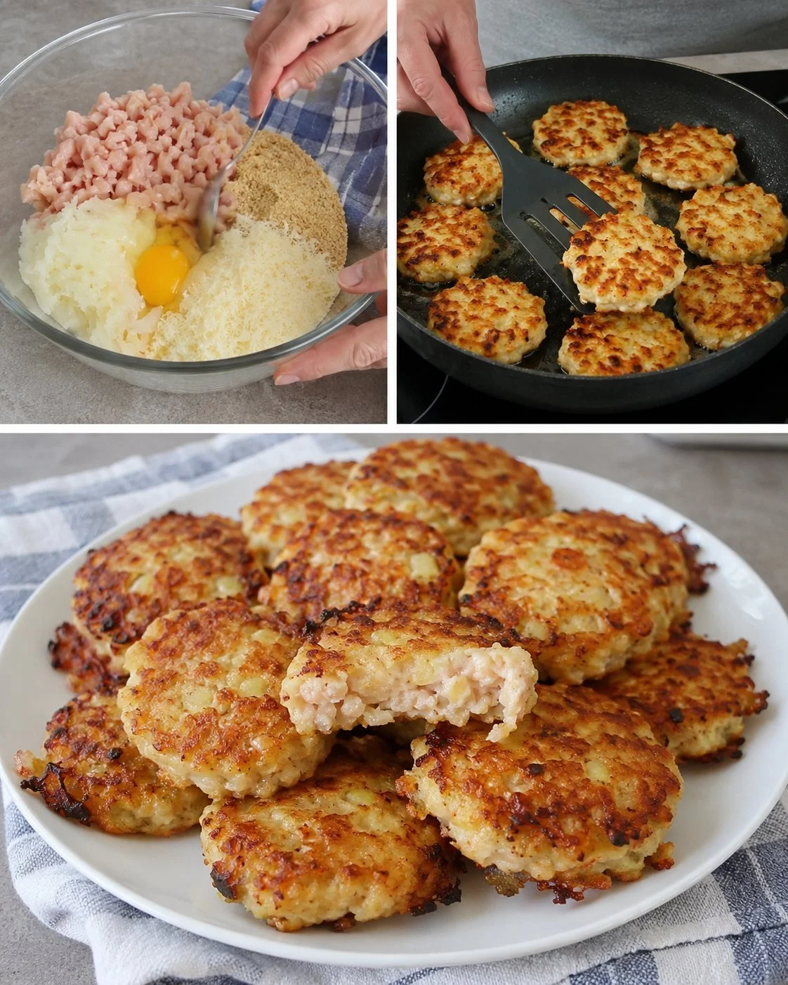 Hähnchenmedaillons mit Parmesan und Zwiebeln auf einem weißen Teller.