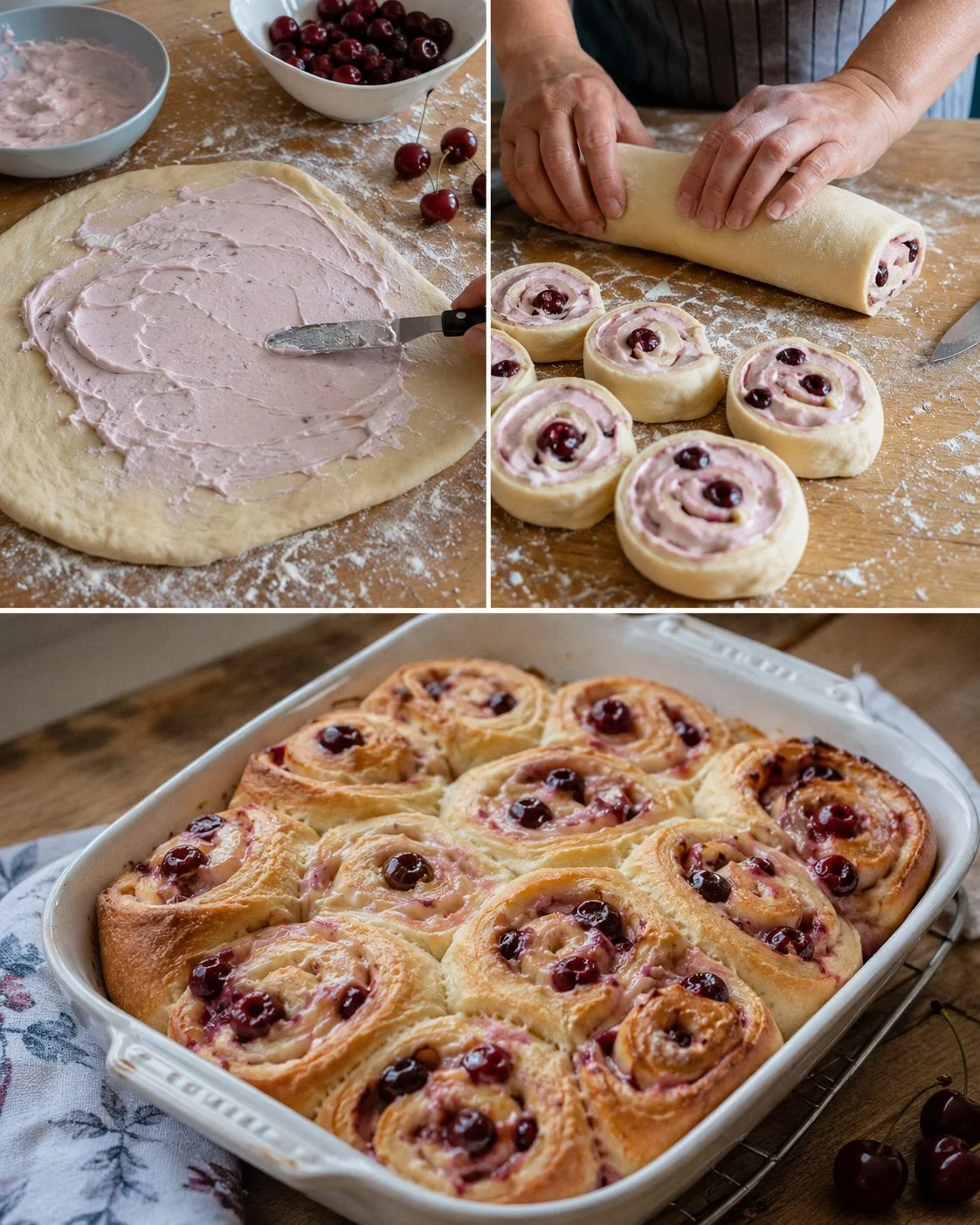 Leckere Hefeschnecken mit Kirsch-Joghurt-Füllung auf einem Tablett