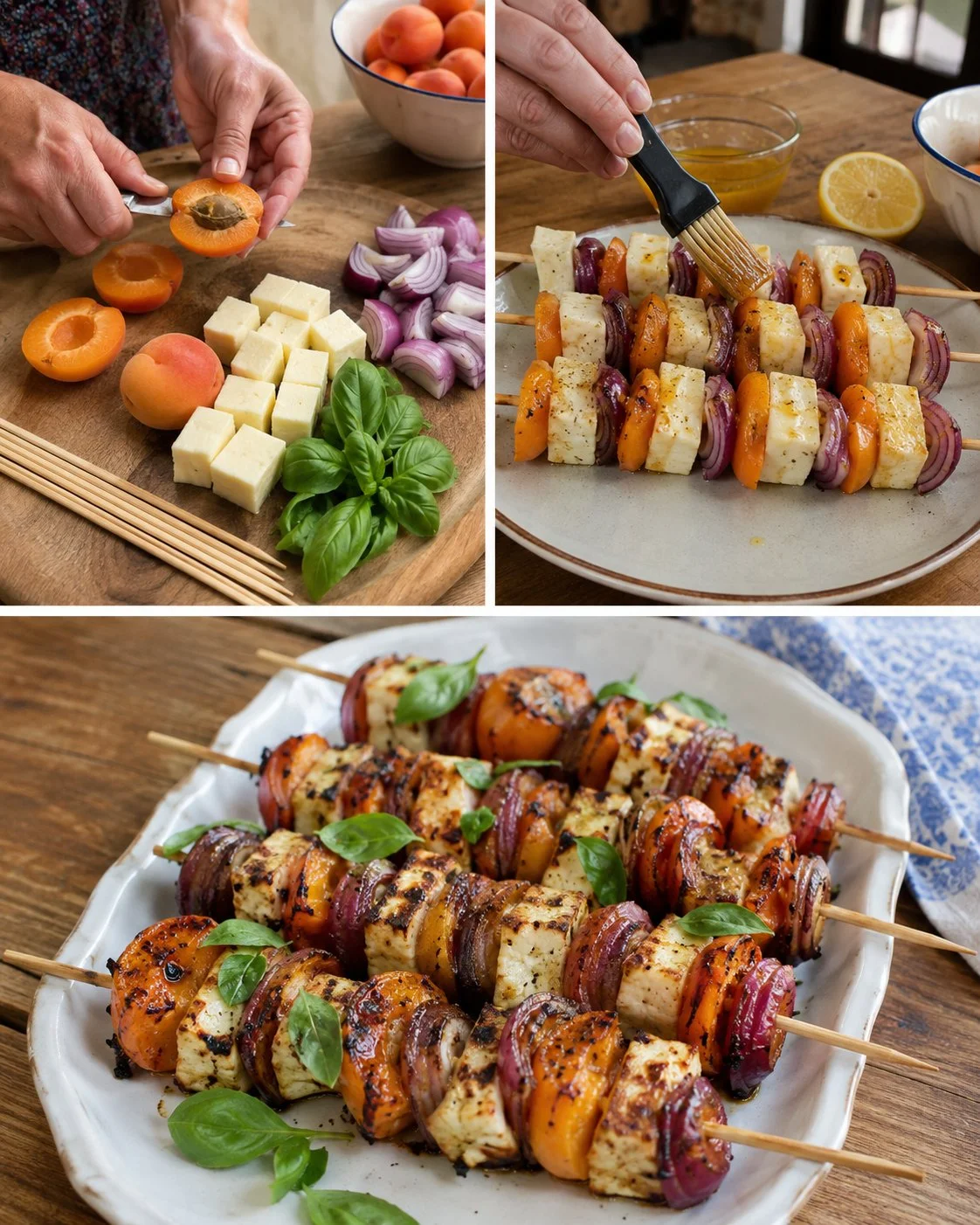 Herzhafte Marillen-Halloumi-Spieße mit frischem Basilikum auf einem Grill