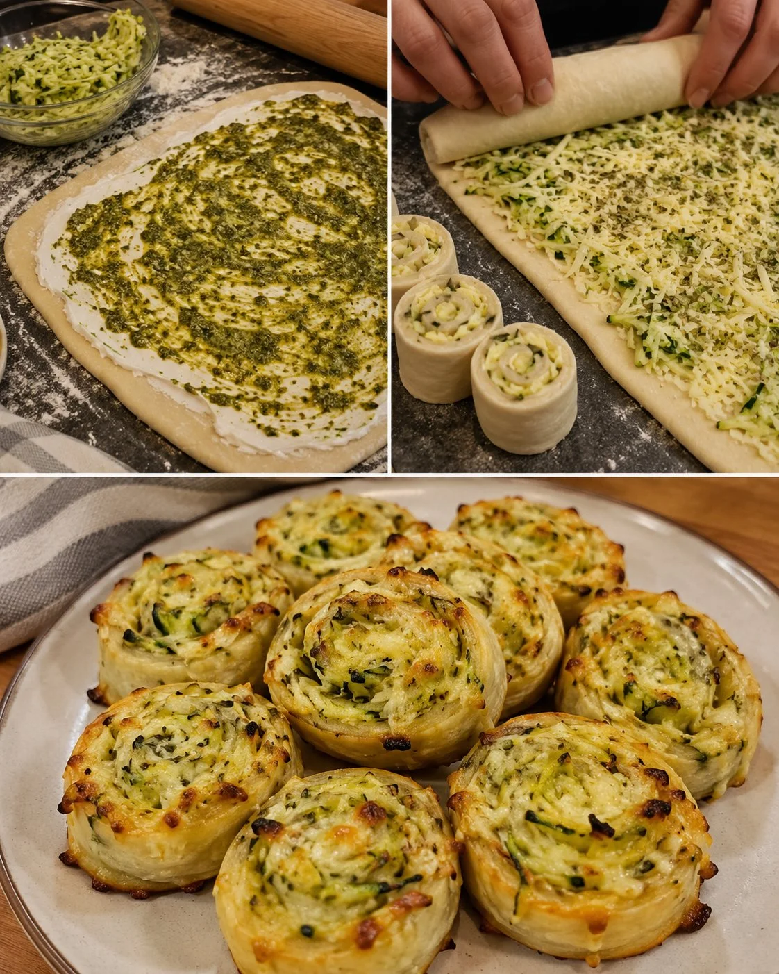 Herzhafte Zucchini-Schnecken mit Käse auf einem Teller