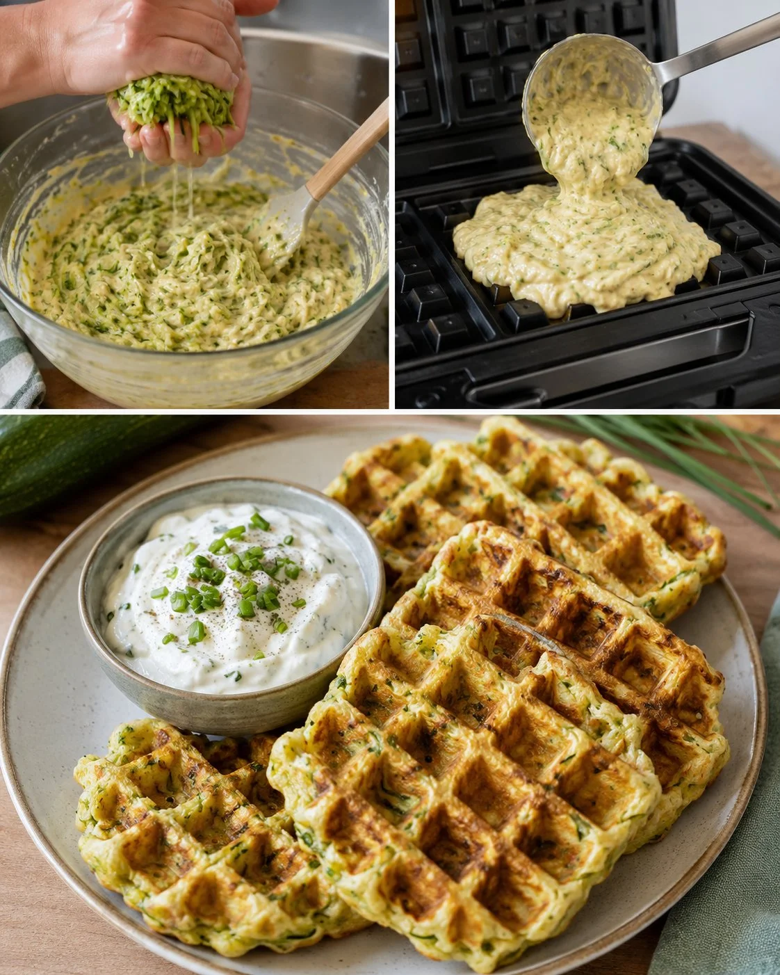 Herzhafte Zucchini-Waffeln mit Quarkdip auf einem Teller