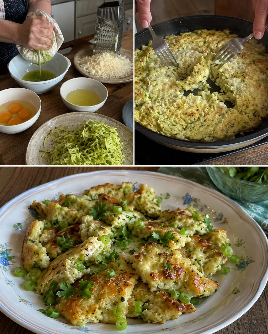 Herzhafter Zucchini-Kaiserschmarrn mit Bergkäse auf einem Teller serviert.
