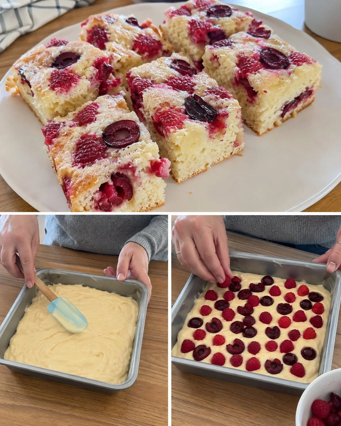 Himbeer-Kirsch-Joghurt-Snackkuchen auf einem Teller serviert