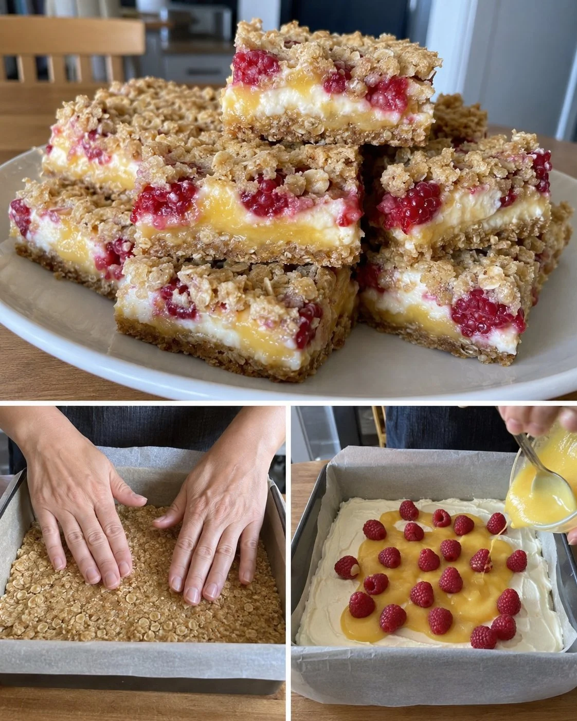 Himbeer-Zitronen-Curd-Haferbarren auf einem Teller, ideal zum Teilen