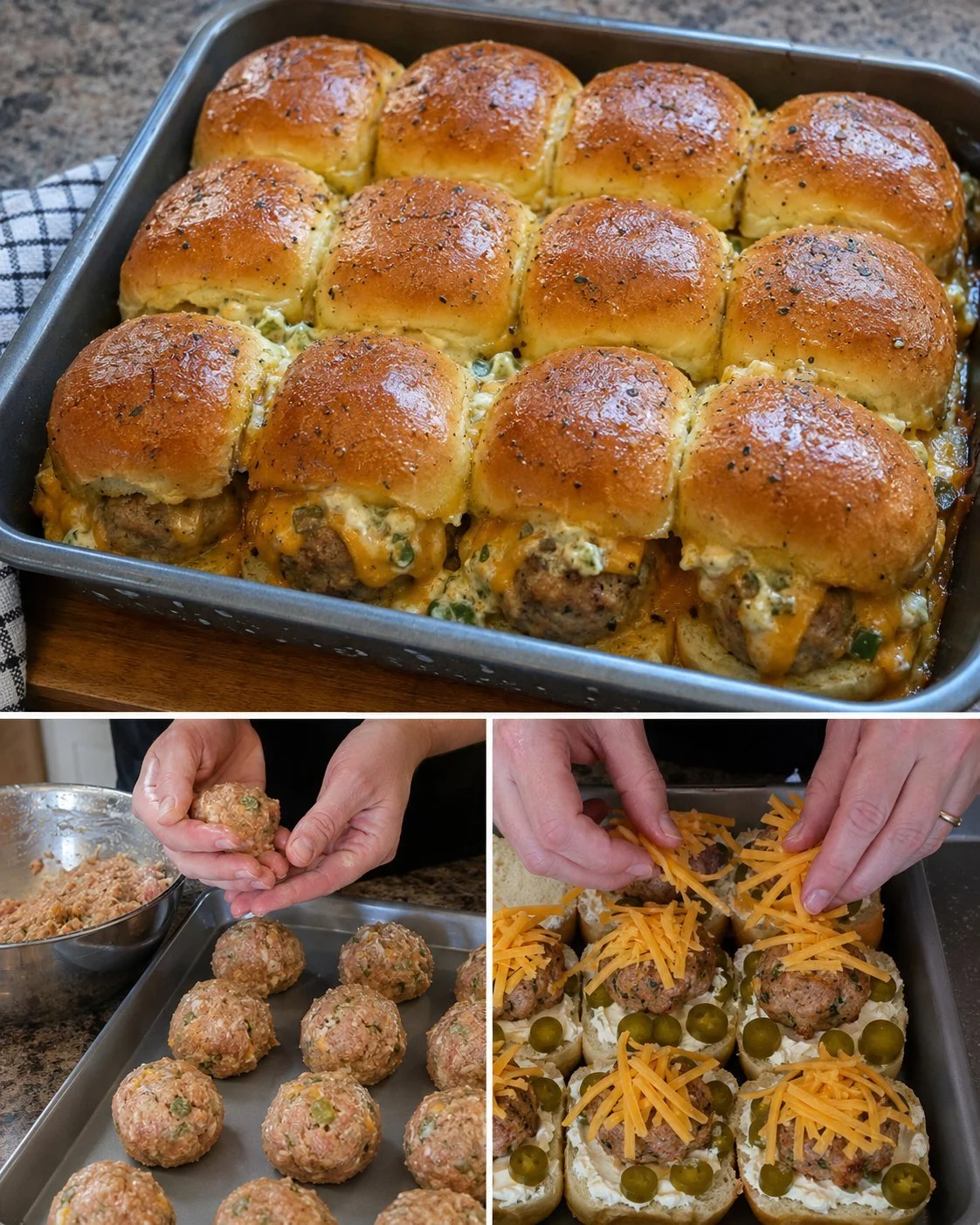 Jalapeño Popper Sliders mit Putenfleischbällchen auf einem Tisch arrangiert.