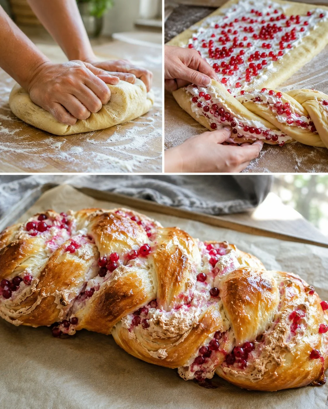 Johannisbeer-Baiser-Hefezopf mit fruchtigem Belag und zartem Baiser