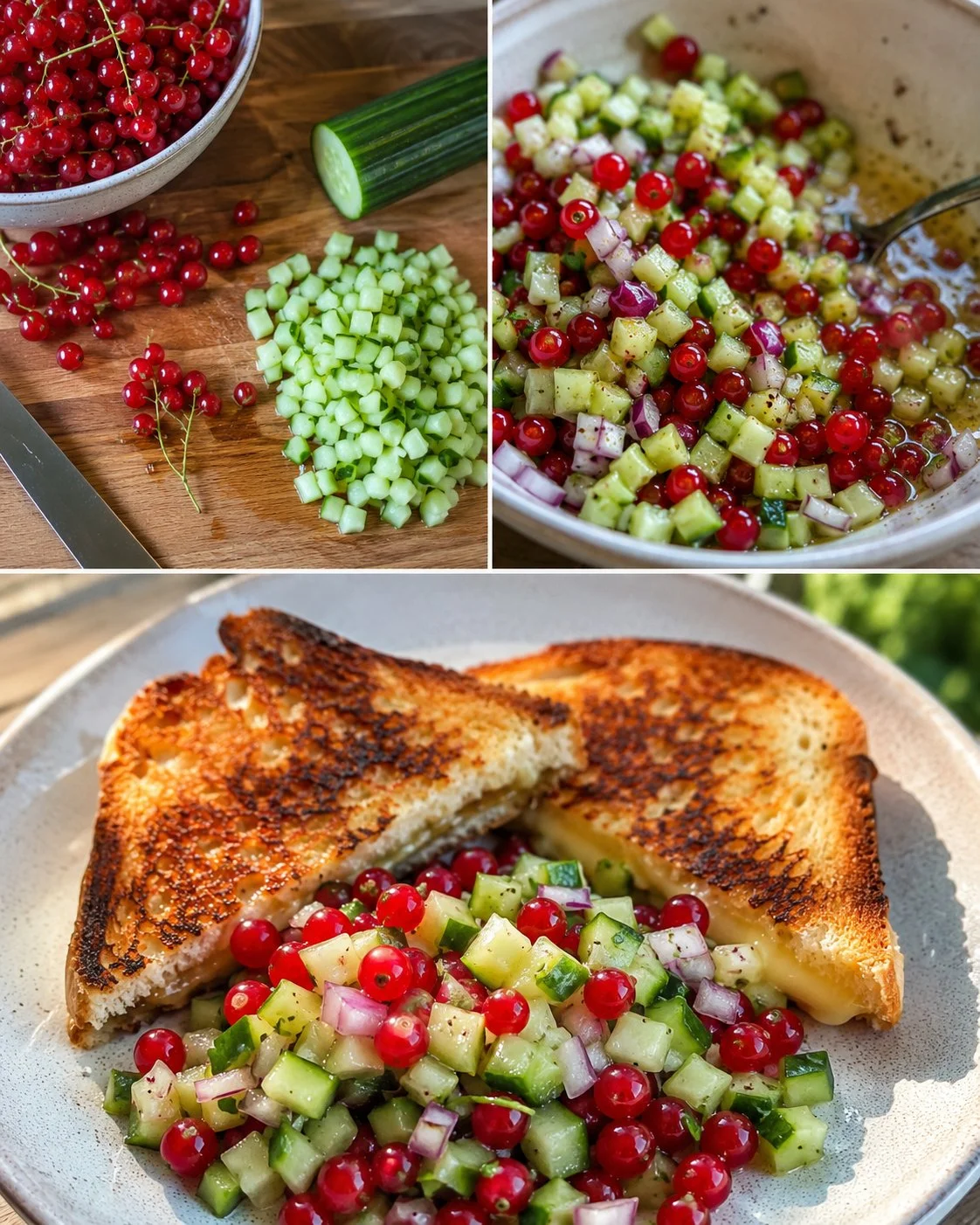 Fruchtige Johannisbeer-Gurken-Salsa zum Grillkäse serviert.