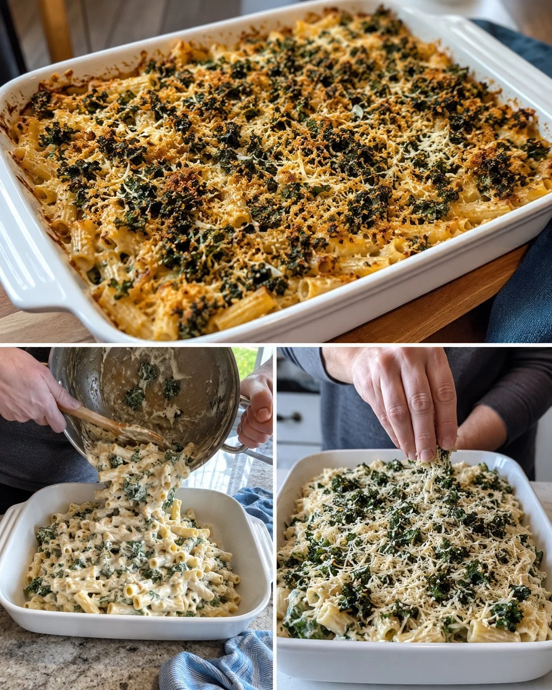 Leckerer Kale-Chip Parmesan Pasta-Auflauf frisch zubereitet