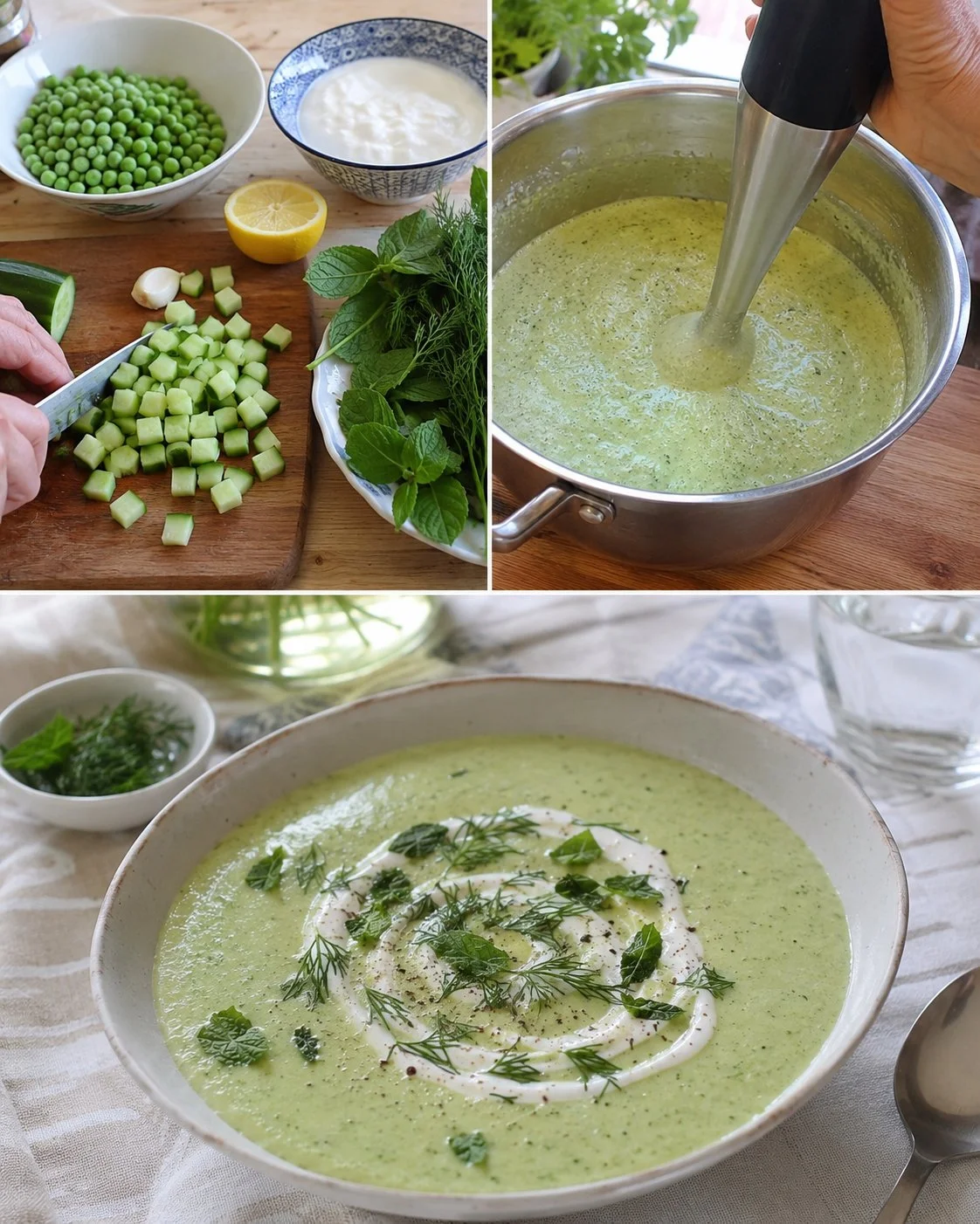 Kalte Gurken-Erbsen-Creme mit Joghurt in einer Schüssel serviert