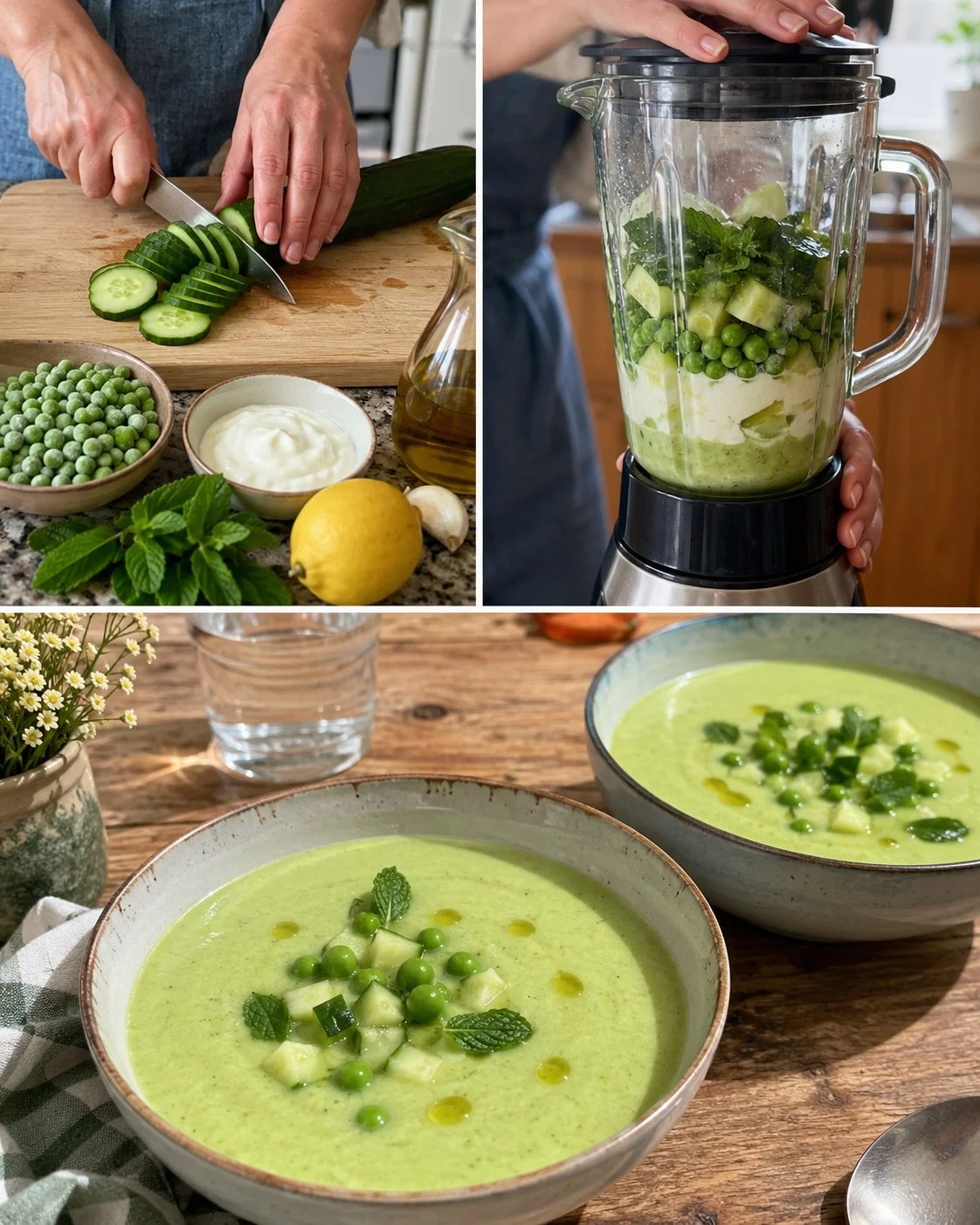 Kalte Gurken-Erbsen-Suppe mit frischer Minze in einer Schüssel angerichtet