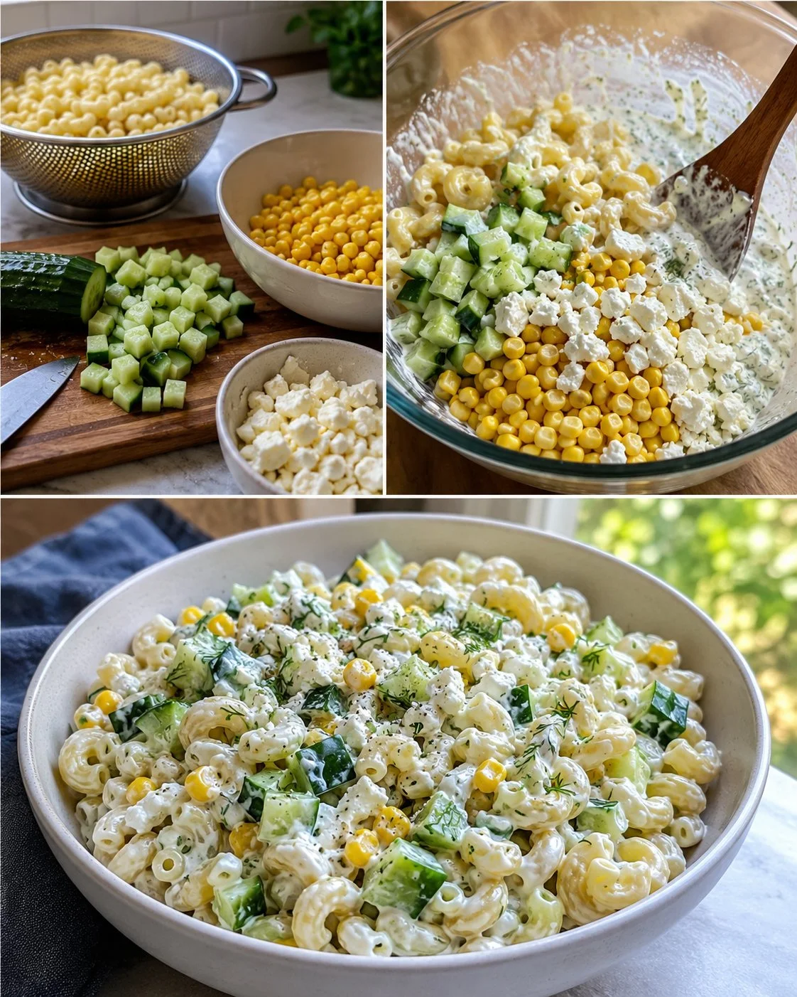 Kalte Gurken-Mais-Macaroni-Bowl mit Feta, serviert in einer bunten Schüssel
