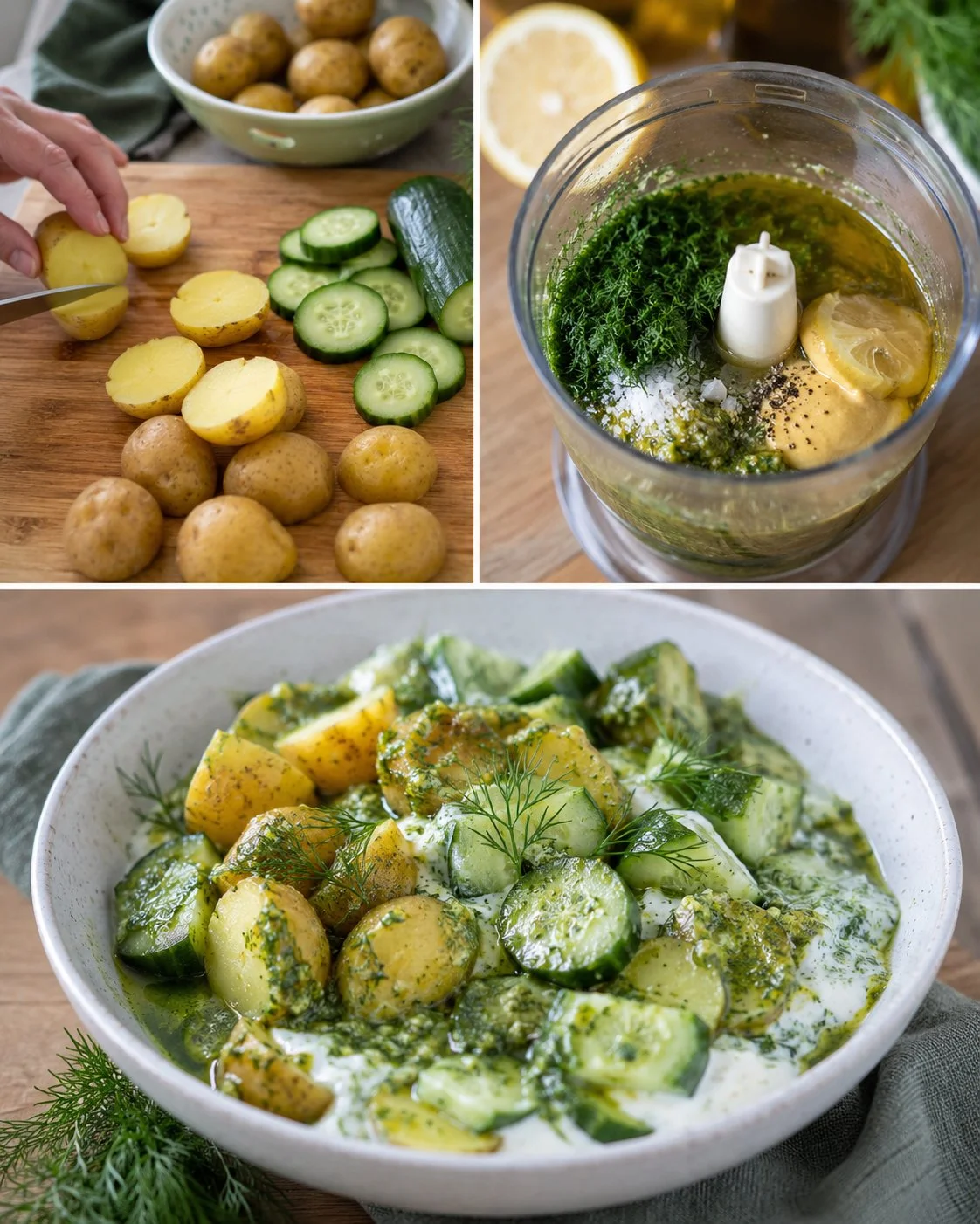 Kalte Kartoffel-Gurken-Bowl mit Dill-Pesto auf einem Teller angerichtet