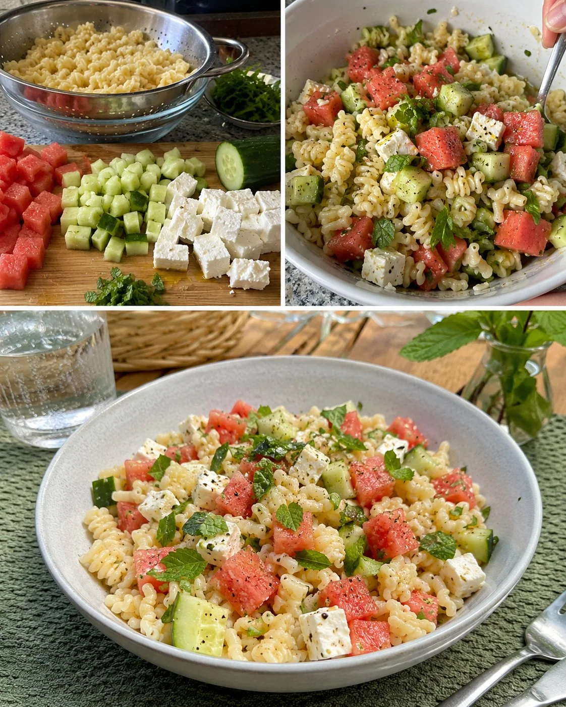 Kalte Melonen-Pasta mit Gurke und Hirtenkäse auf einem Teller serviert.