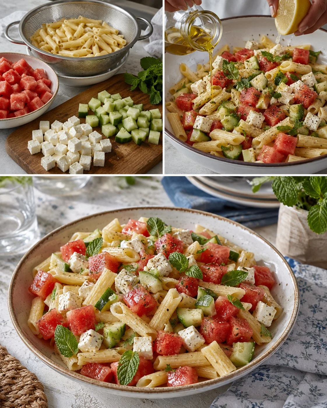 Kalte Melonen-Pasta mit Schafskäse und Minze auf einem Teller serviert.