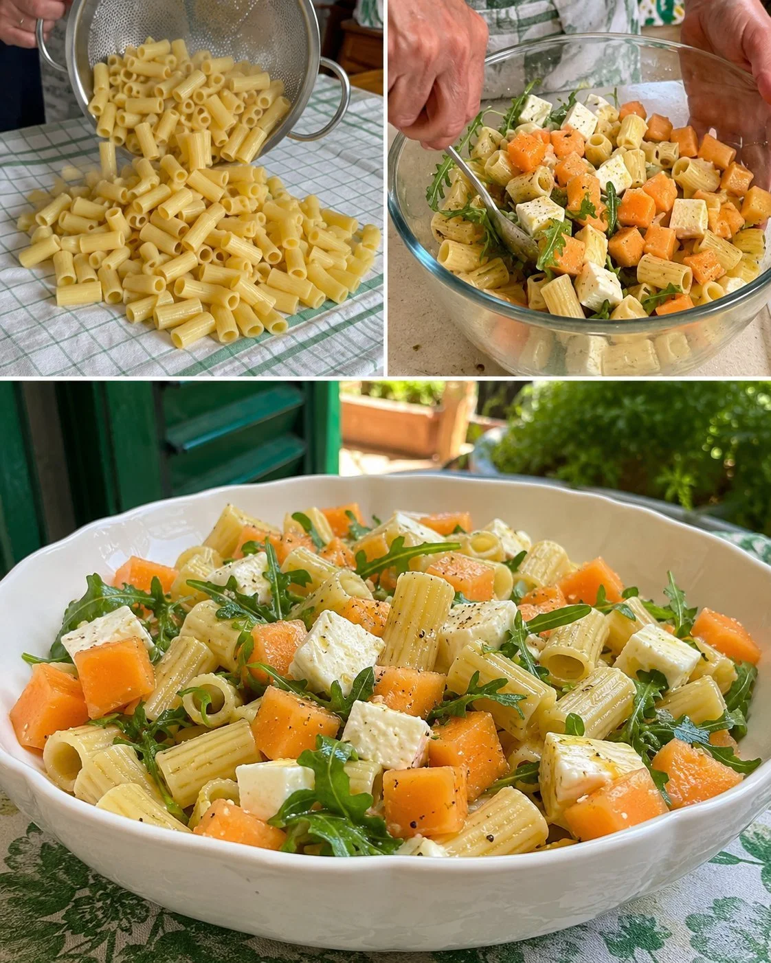 Kalte Pasta mit Melone und Mozzarella auf einem Teller serviert