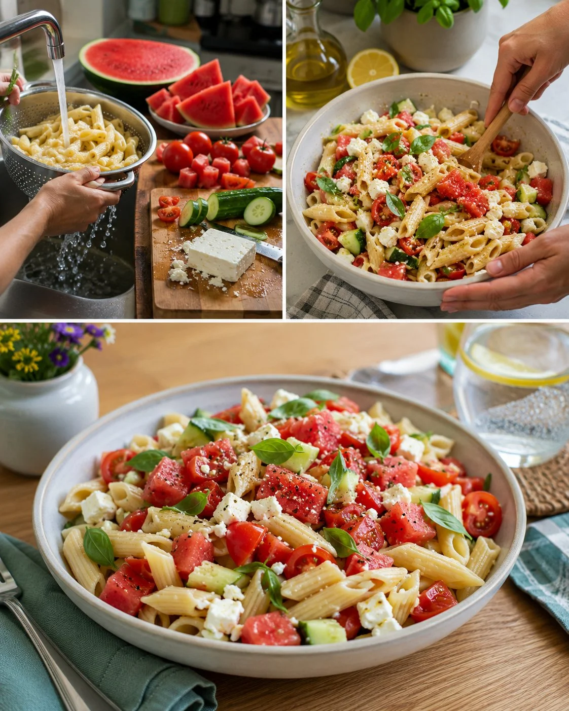 Kalte Tomaten-Melonen-Nudeln mit Hirtenkäse auf einem Teller