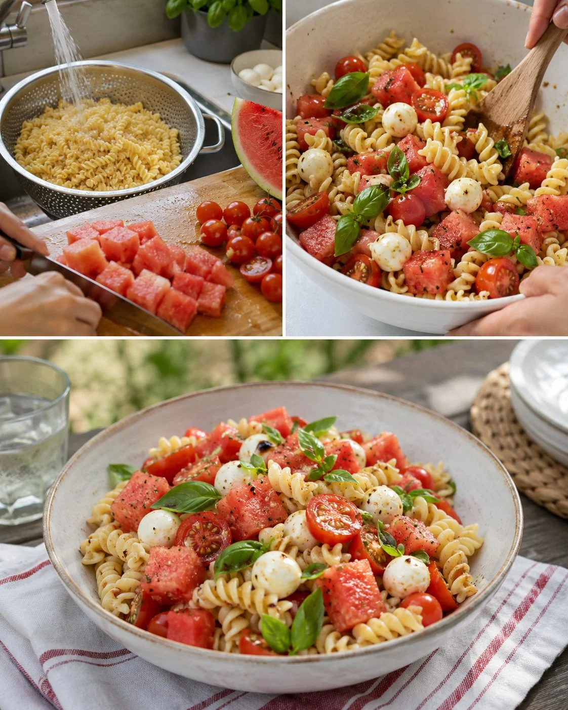 Kalte Tomaten-Melonen-Pasta mit Mozzarella auf einem Teller serviert.