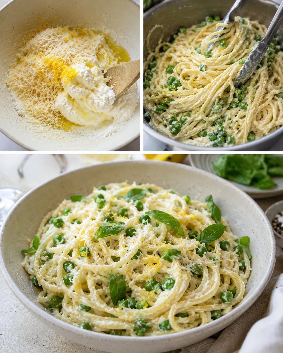 Schüssel mit kalter Zitronenpasta, Erbsen und Ricotta