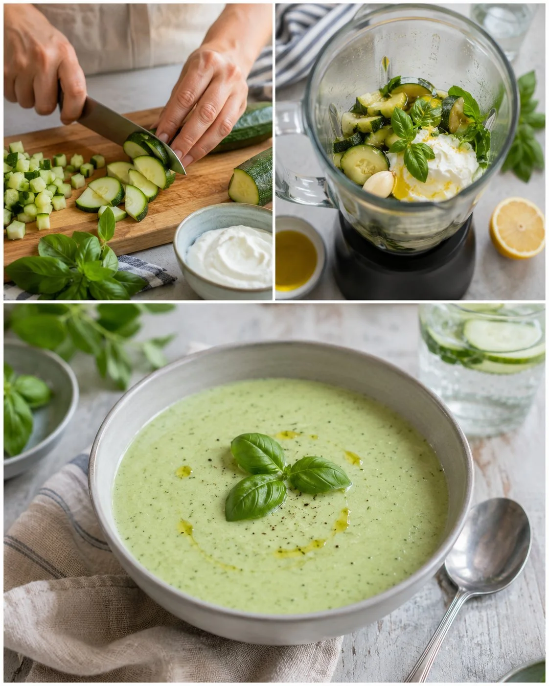 Kalte Zucchini-Basilikum-Suppe mit Joghurt in einer Schale serviert