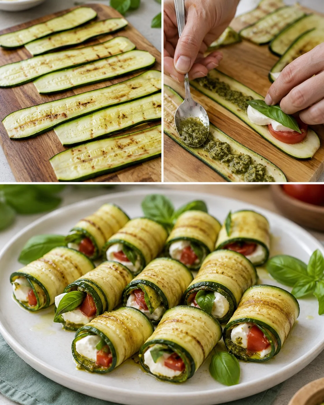 Kalte Zucchini-Caprese-Röllchen mit frischen Zutaten serviert