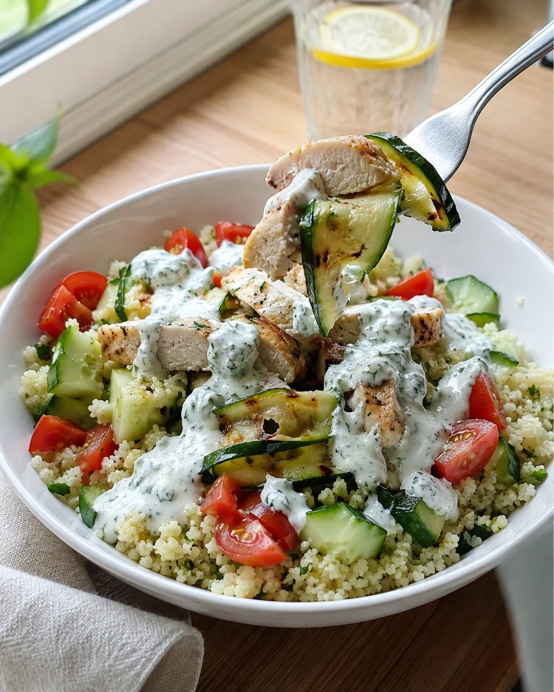 Kalte Zucchini-Hähnchen-Bowl mit Joghurtdip auf einem Teller serviert