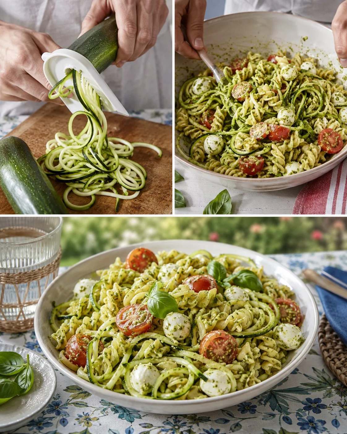 Kalte Zucchini-Nudeln mit Basilikum-Pesto und Mozzarella auf einem Teller