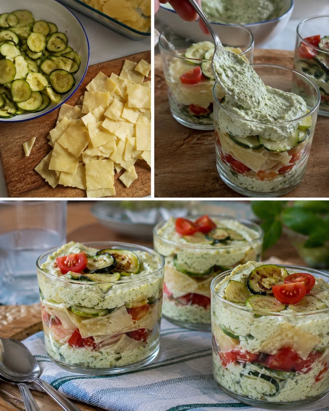 Kalte Zucchini-Ricotta-Lasagne im Glas als gesunde Mahlzeit.