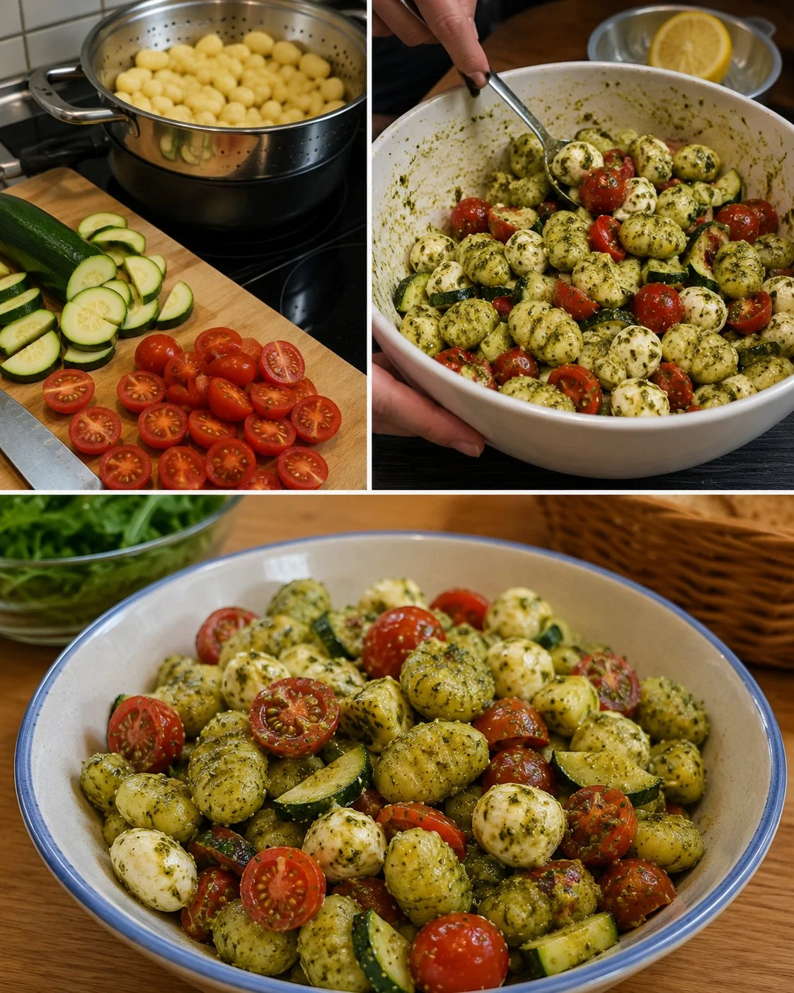 Kalter Basilikum-Pesto-Gnocchi-Salat auf einem Teller garniert