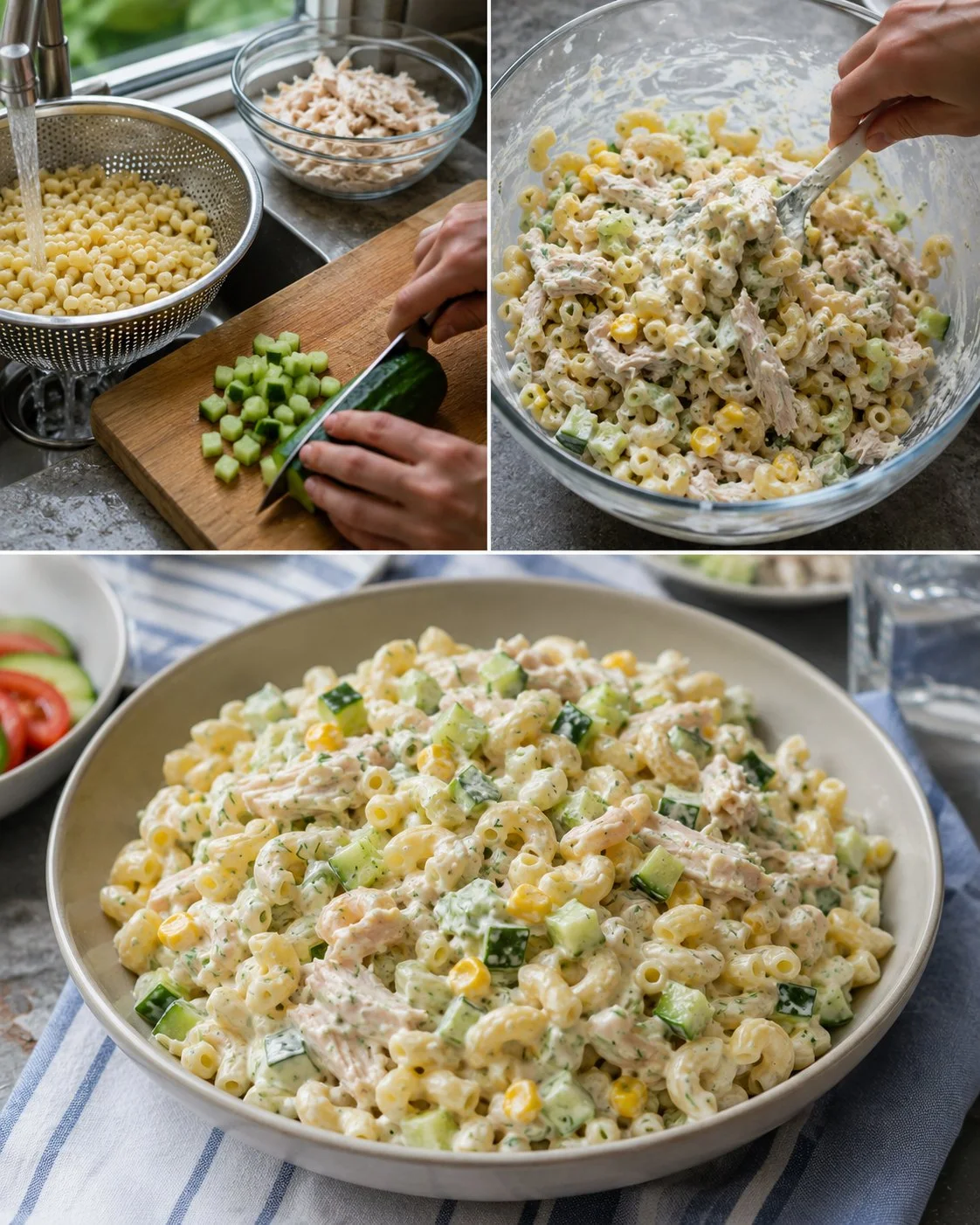 Kalter Hähnchen-Macaroni-Salat mit Gurke und Dill in einer Schüssel angerichtet