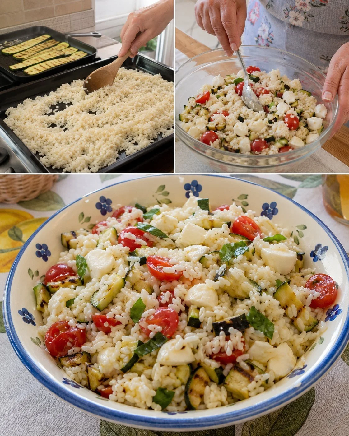 Kalter Reis mit gegrillten Zucchini und Mozzarella auf einem Teller