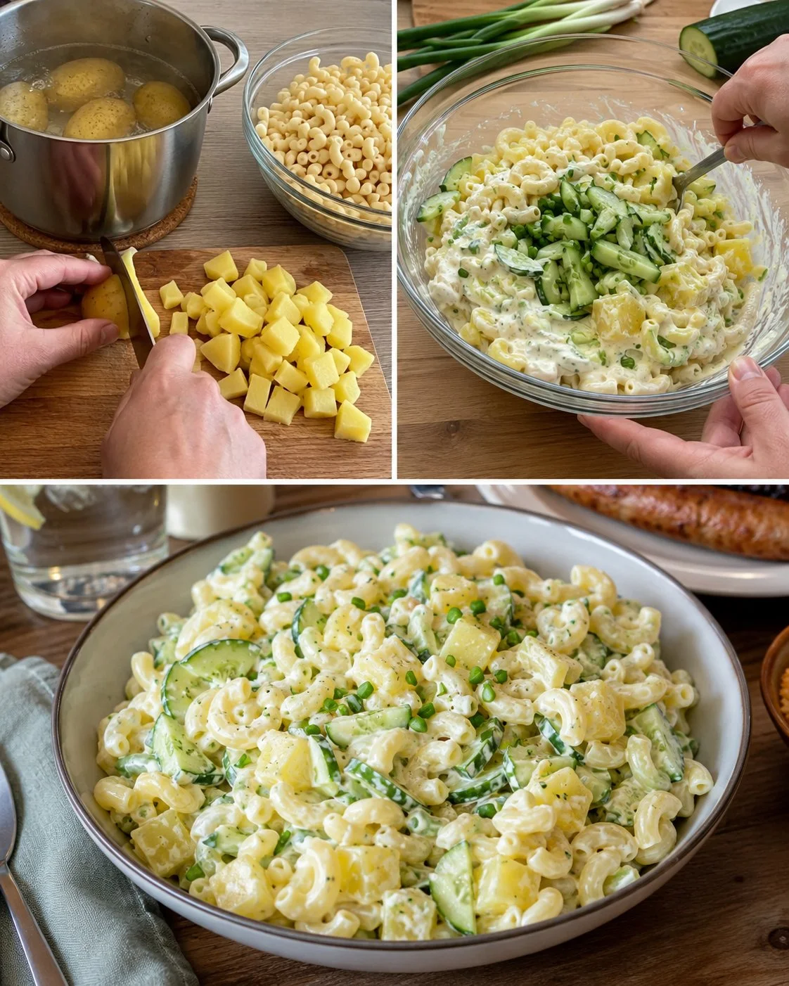 Kartoffel-Macaroni-Salat mit Gurke und Joghurt-Senf-Creme auf einem Teller serviert.