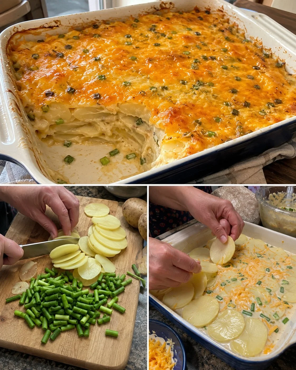 Leckerer Kartoffelauflauf mit Knoblauch und Cheddar, frisch aus dem Ofen.