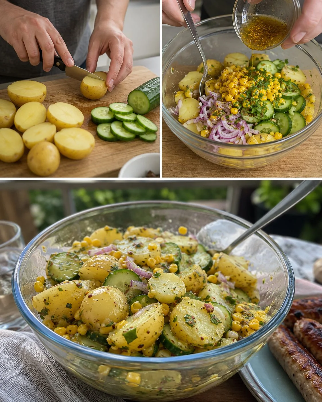 Kartoffelsalat mit Gurke, Mais und Kräuteröl auf einem Teller serviert.