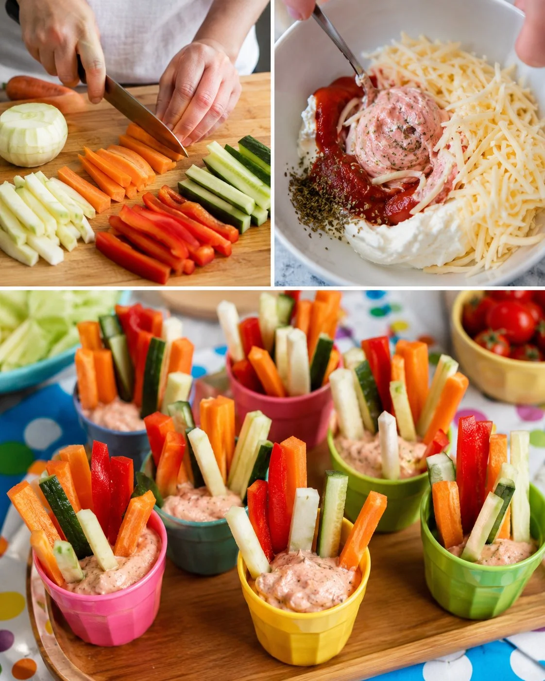 Bunte Gemüsesticks mit Pizza-Dip für den Kindergeburtstag