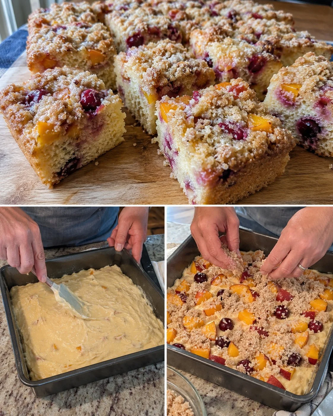Kirsch-Pfirsich-Streuselkuchen mit knusprigen Streuseln und frischem Obst