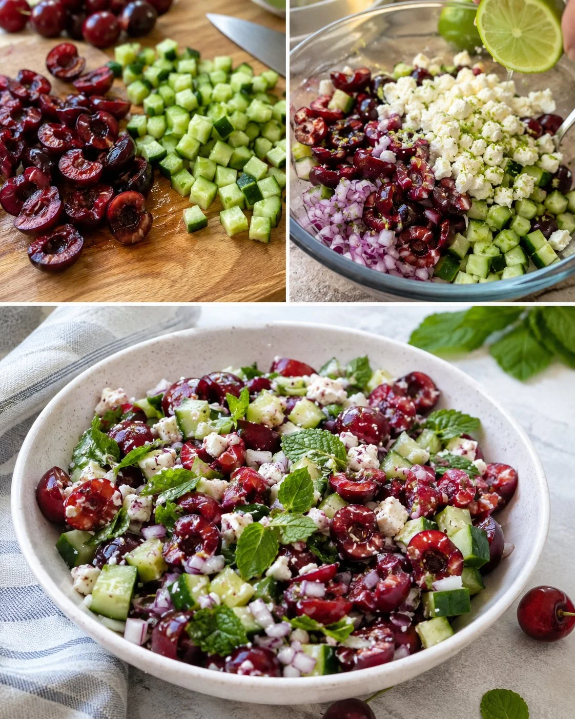Kirsch-Salsa mit Gurke und Feta auf einem Teller