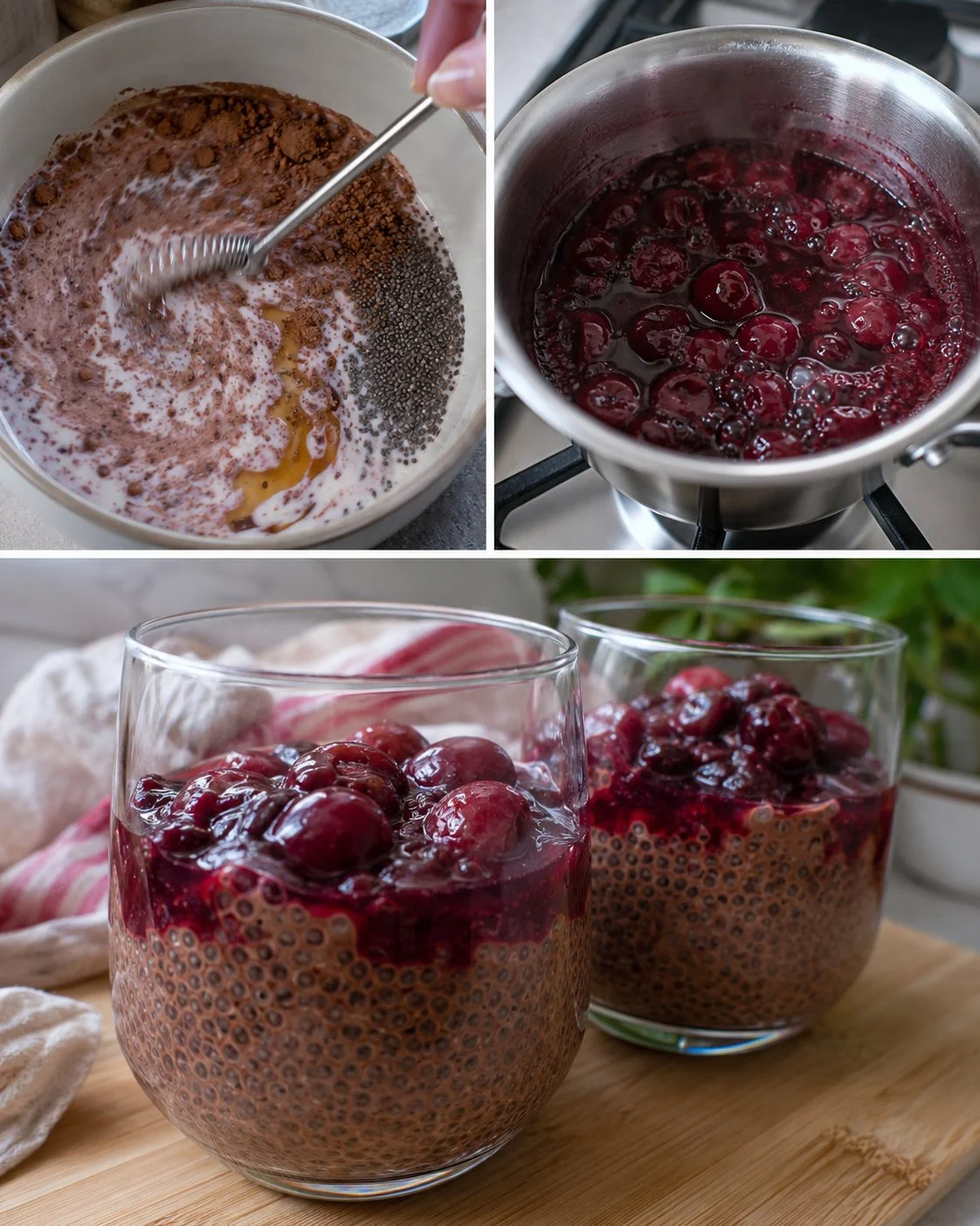 Kirsch-Schoko-Chia-Pudding in einer Schüssel als gesundes Dessert.