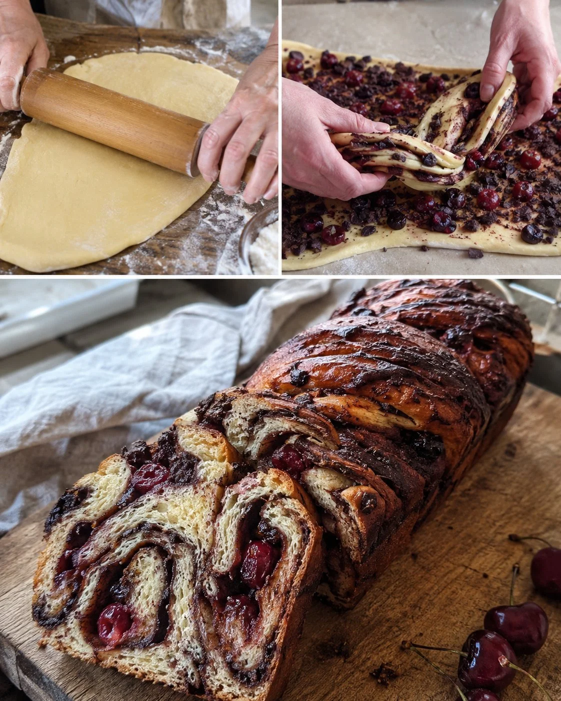 Kirsch-Schoko-Sauerteig-Babka frisch gebacken und serviert.