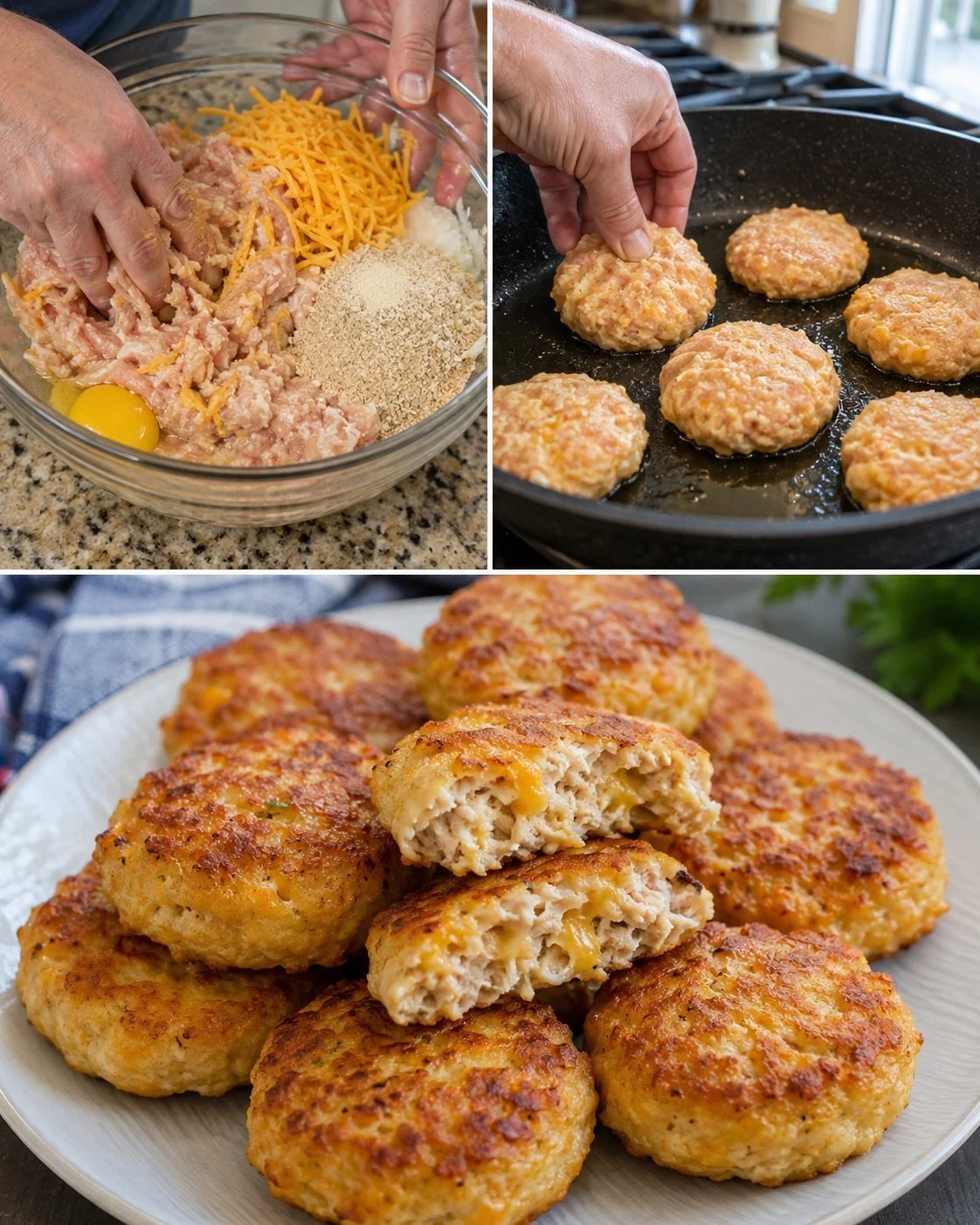Knusprige Cheddar-Hähnchen Patties frisch zubereitet auf einem Teller