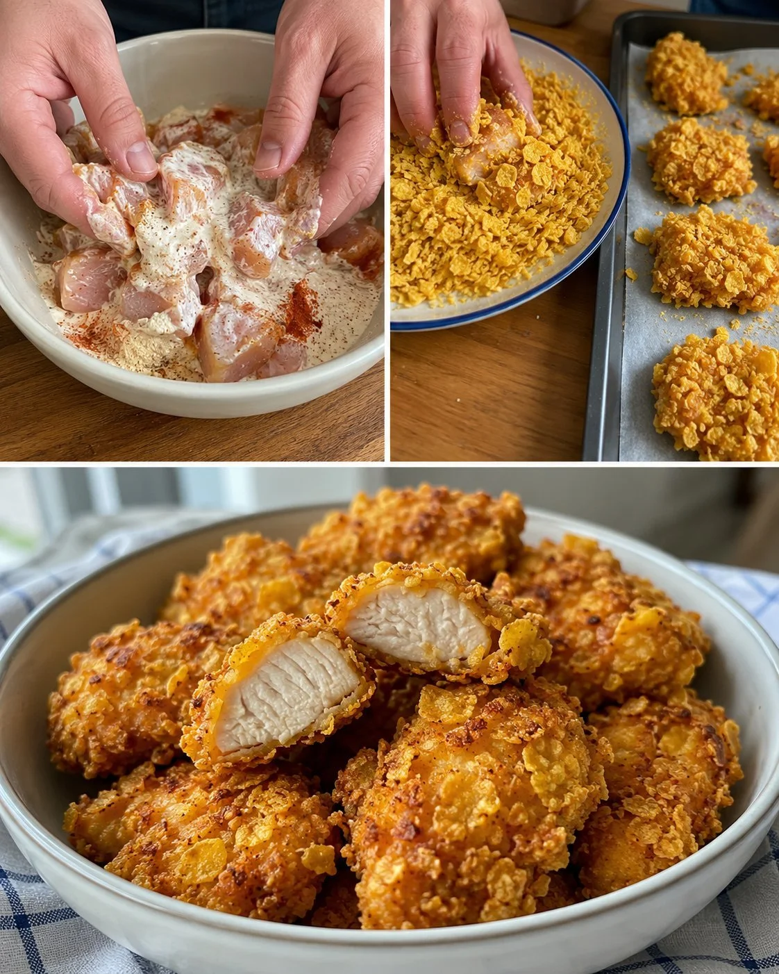 Knusprige Cornflake Knoblauch-Hühnchenbissen auf einem Teller serviert